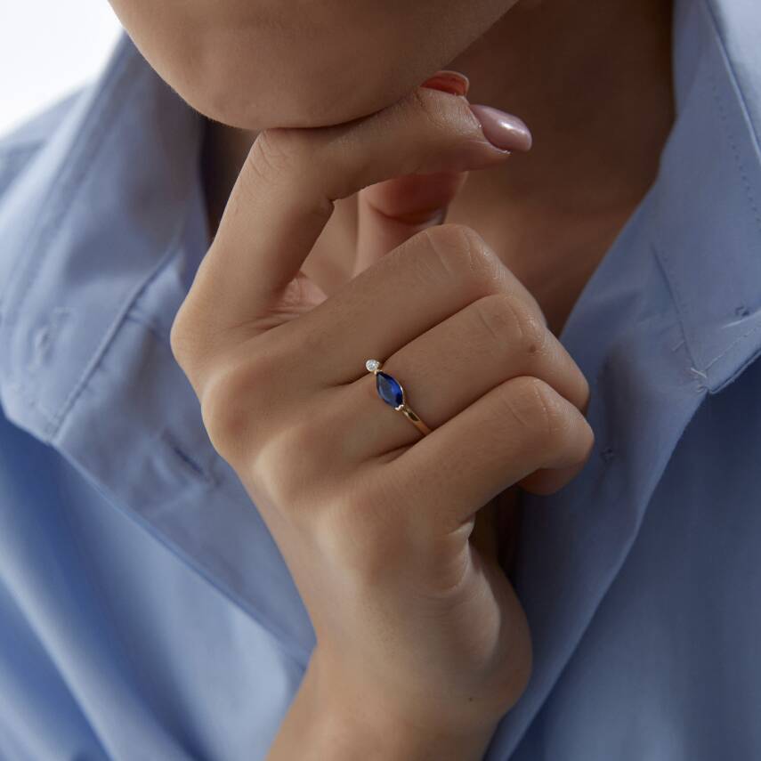 Altın Mavi Damla Taşlı Yüzük - 1