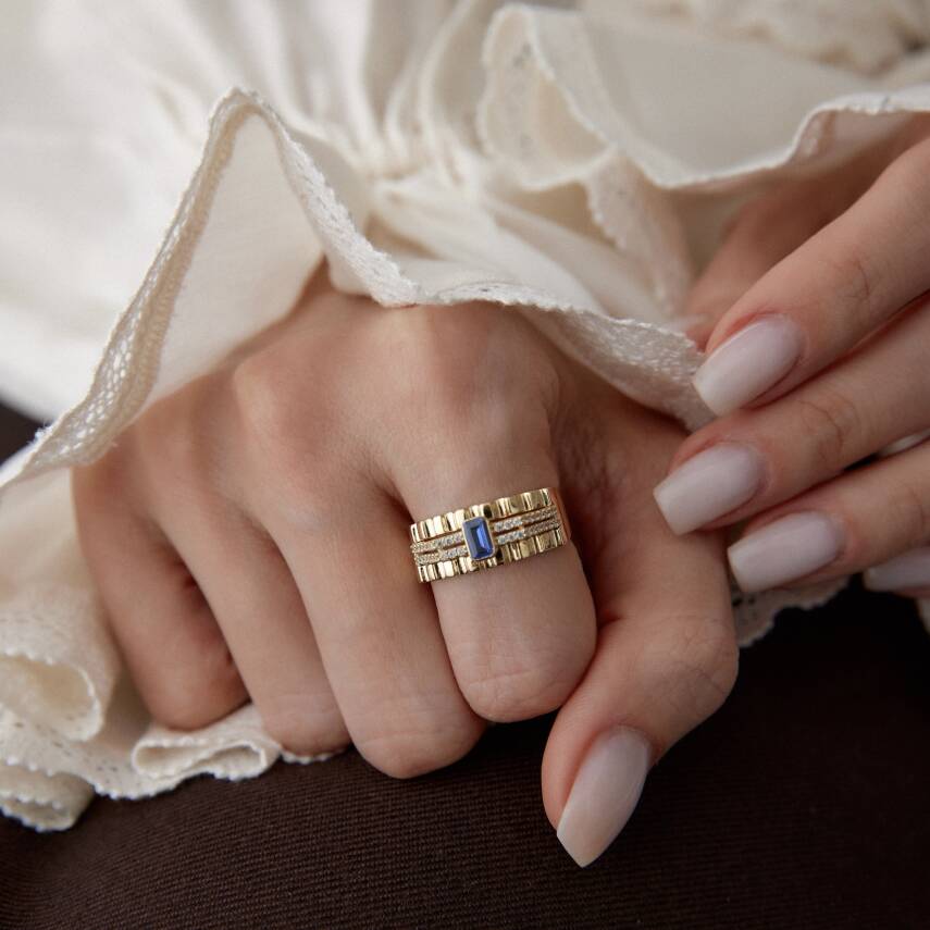 Altın İtalyan Mavi Baget Taşlı Vintage Yüzük - Semih Haşhaş Kuyumculuk (1)