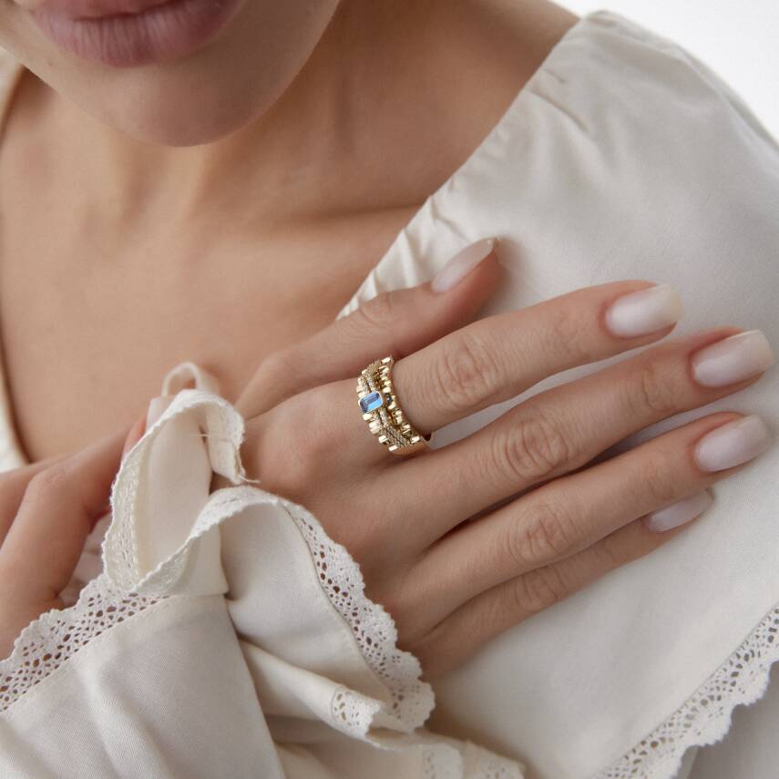 Altın İtalyan Mavi Baget Taşlı Vintage Yüzük - Semih Haşhaş Kuyumculuk