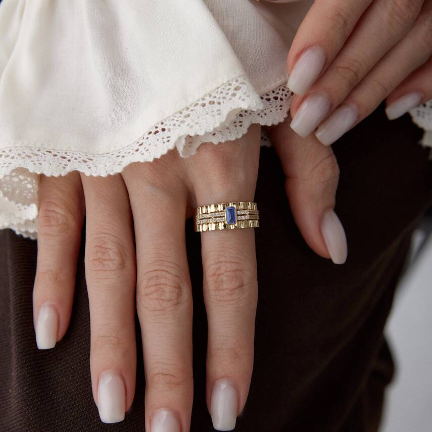 Altın İtalyan Mavi Baget Taşlı Vintage Yüzük - 3