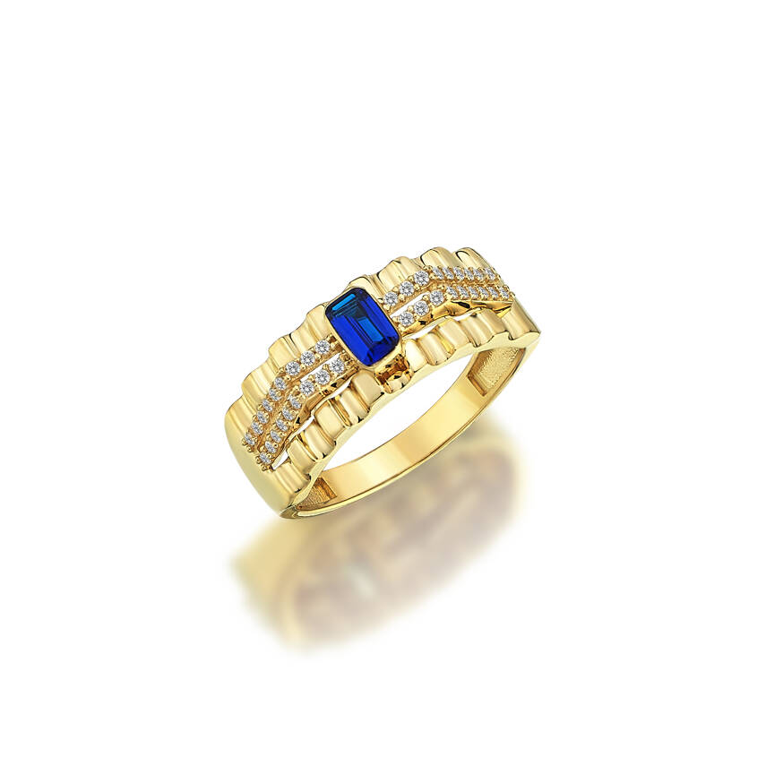 Altın İtalyan Mavi Baget Taşlı Vintage Yüzük - 4