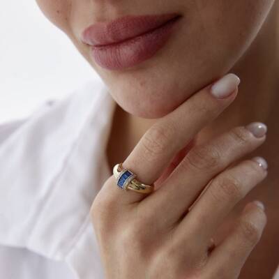 Altın Mavi Taşlı Boğum Yüzük - 1