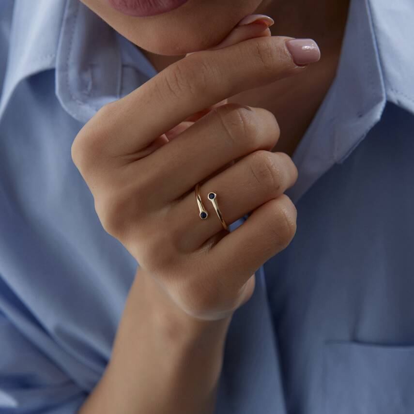 Altın Mavi Taşlı Çapraz Yüzük - 1