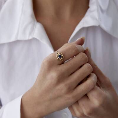 Altın Mavi Taşlı Kare Yüzük 