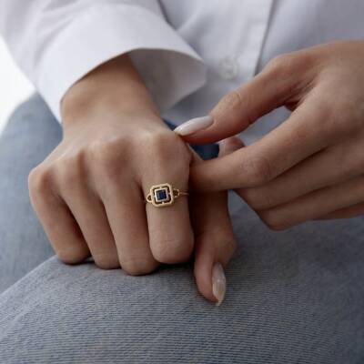 Altın Mavi Taşlı Kare Yüzük - 2