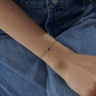 Altın Mavi Taşlı Yuvarlak Minimal Bileklik - 3