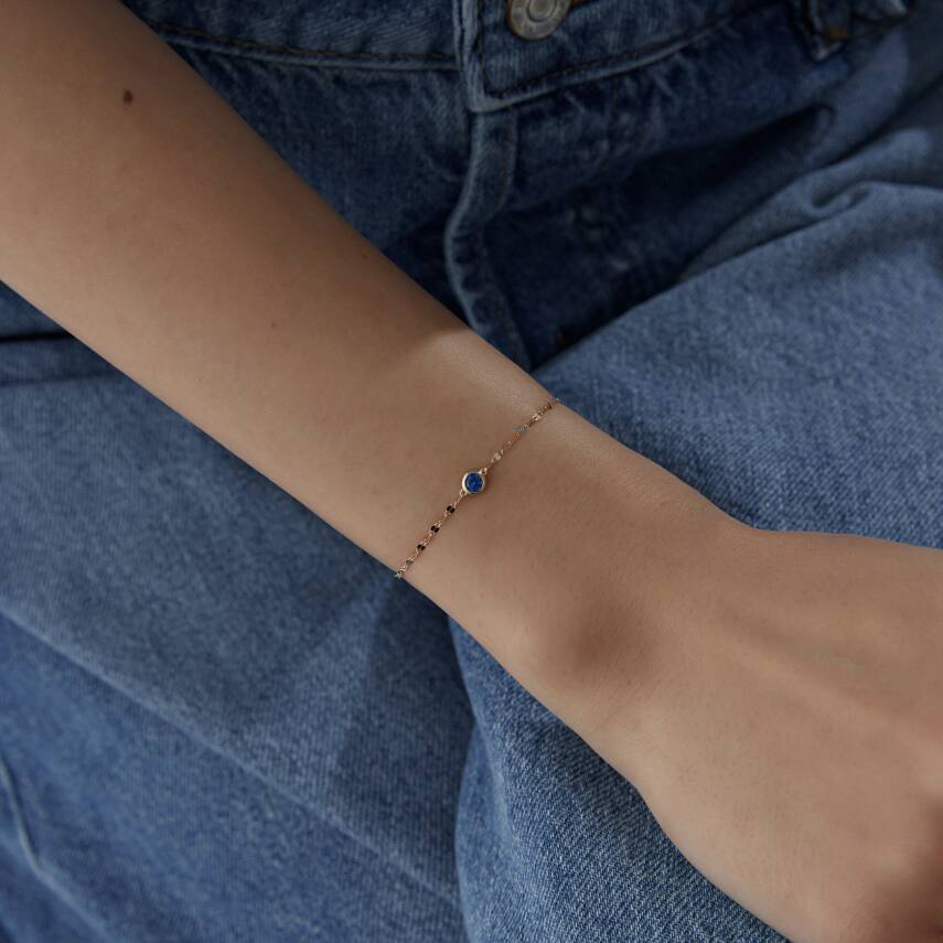 Altın Mavi Taşlı Yuvarlak Minimal Bileklik - 3
