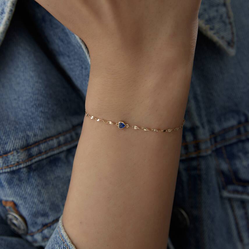Altın Mavi Taşlı Minimal Kalp Bileklik - Semih Haşhaş Kuyumculuk