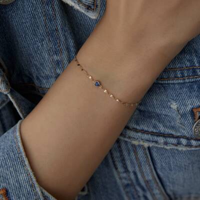 Altın Mavi Taşlı Minimal Kalp Bileklik - 2