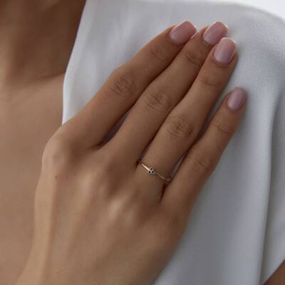 Altın Mavi Taşlı Minimal Yonca Yüzük - 2