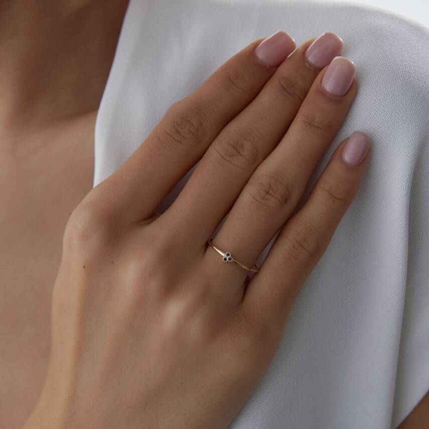 Altın Mavi Taşlı Minimal Yonca Yüzük - 2