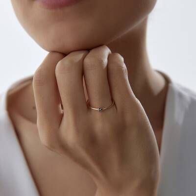 Altın Mavi Taşlı Minimal Yonca Yüzük 