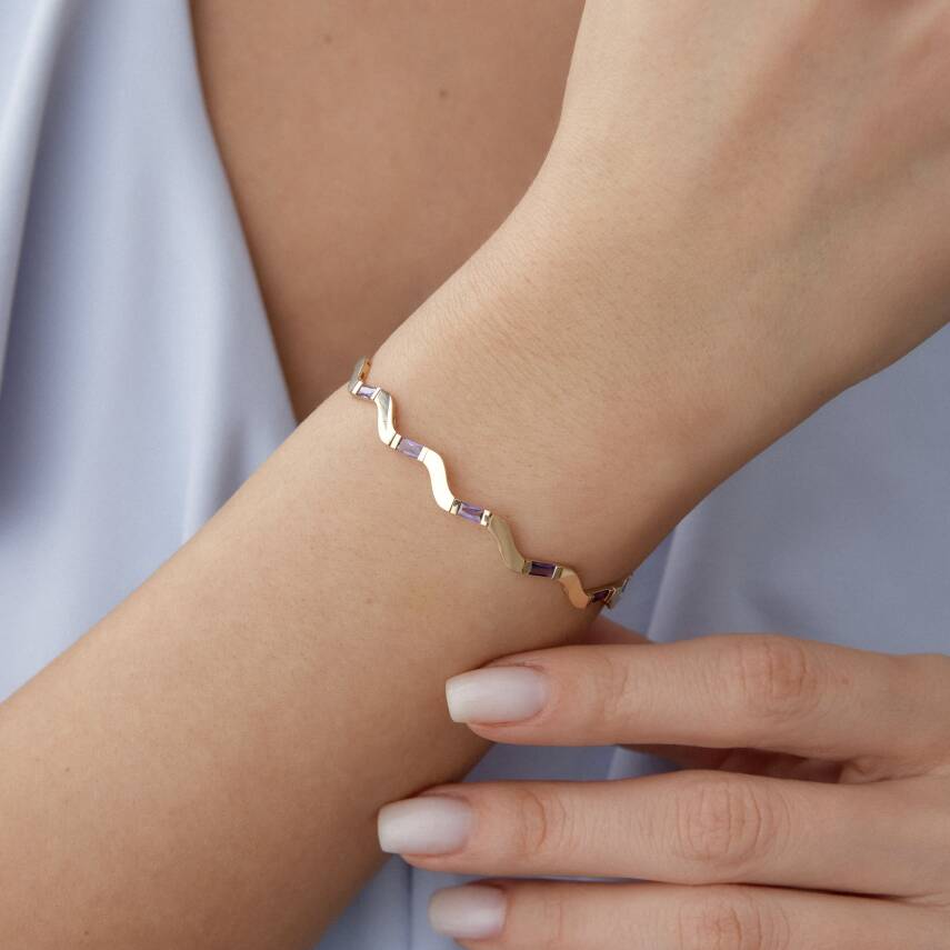 Altın Mor Taşlı Zikzak Bileklik - 1