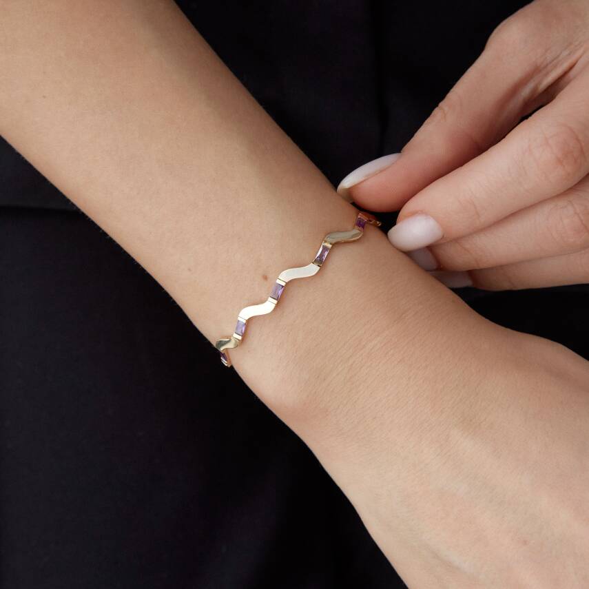 Altın Mor Taşlı Zikzak Bileklik - 3