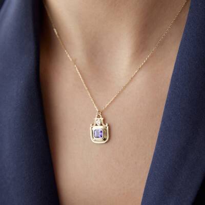 Altın Mor Taşlı Taç Kolye - 1