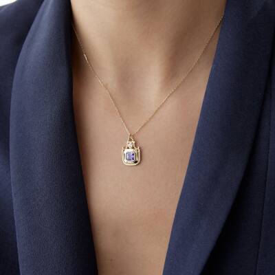 Altın Mor Taşlı Taç Kolye - 3