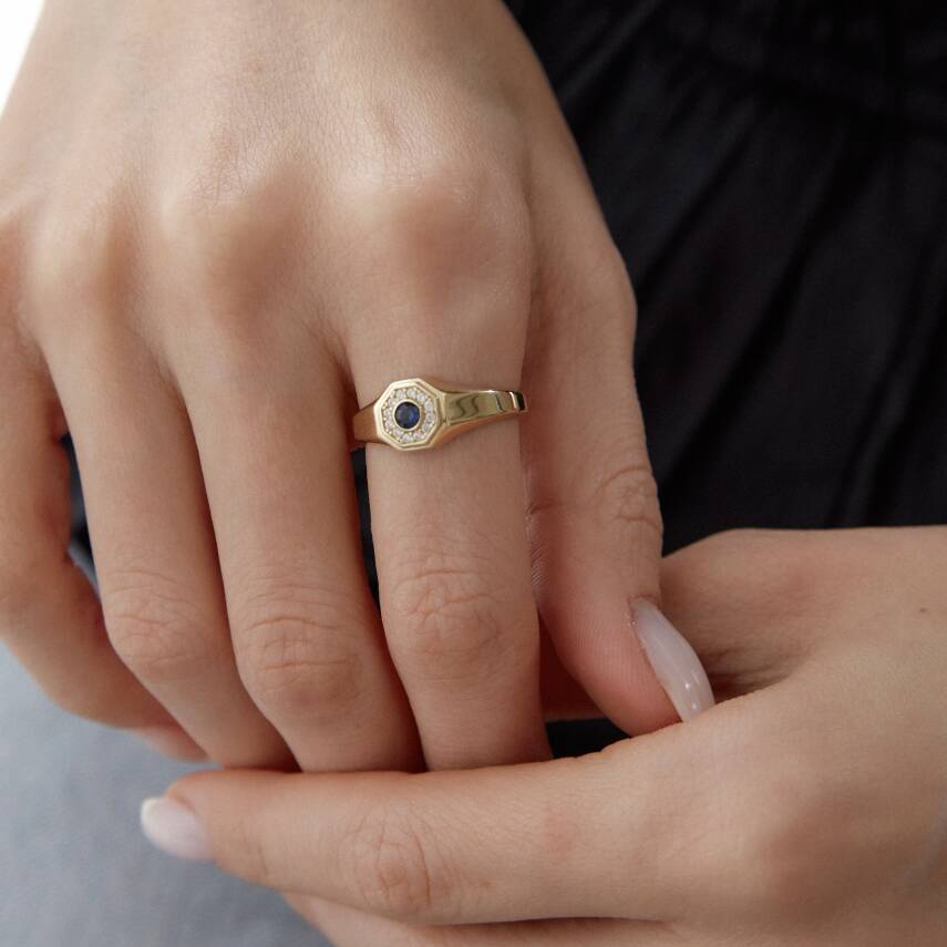 Altın Ortası Mavi Taşlı Madalyon Yüzük - 1