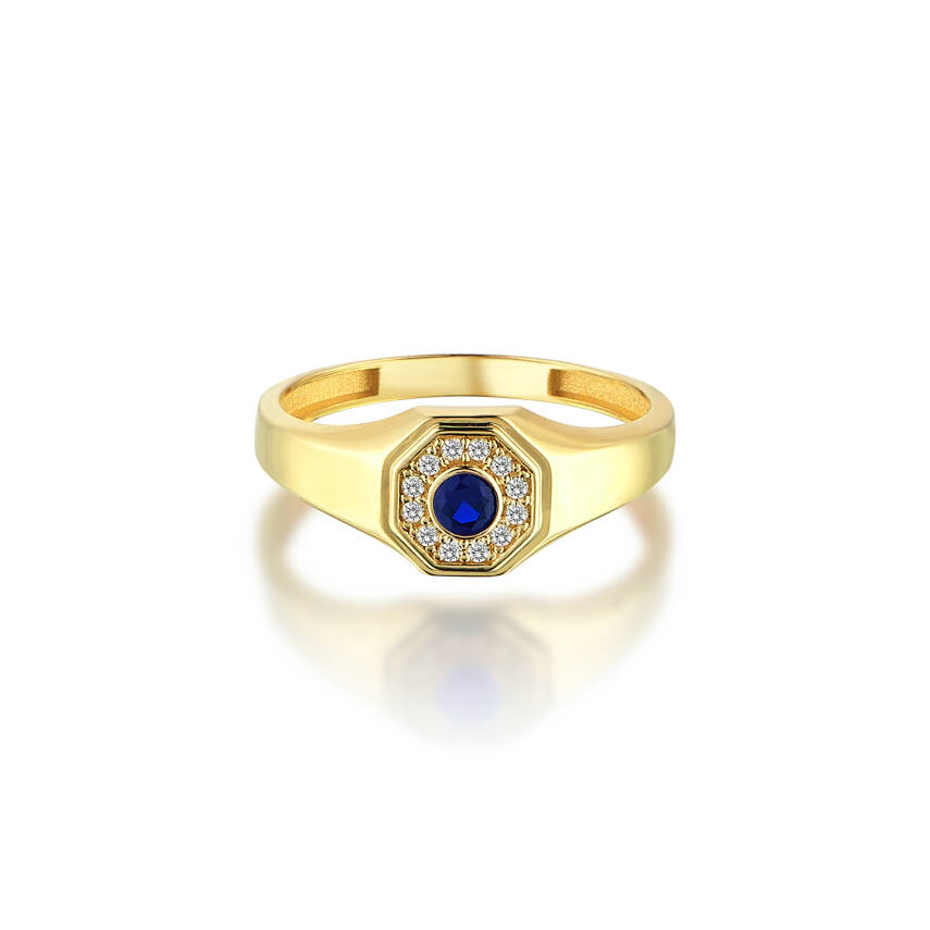 Altın Ortası Mavi Taşlı Madalyon Yüzük - 4