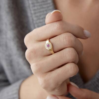 Altın Ortası Pembe Taşlı Madalyon Yüzük - 2