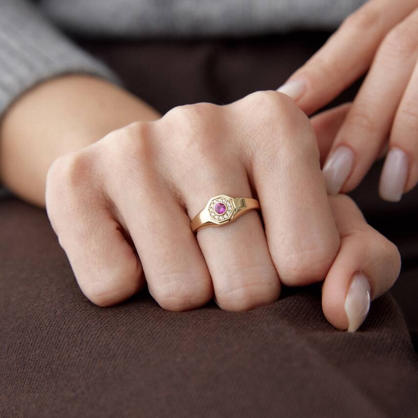 Altın Ortası Pembe Taşlı Madalyon Yüzük - 3