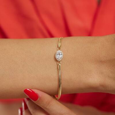 Altın Oval Baget Taşlı Balıksırtı Bileklik - 1