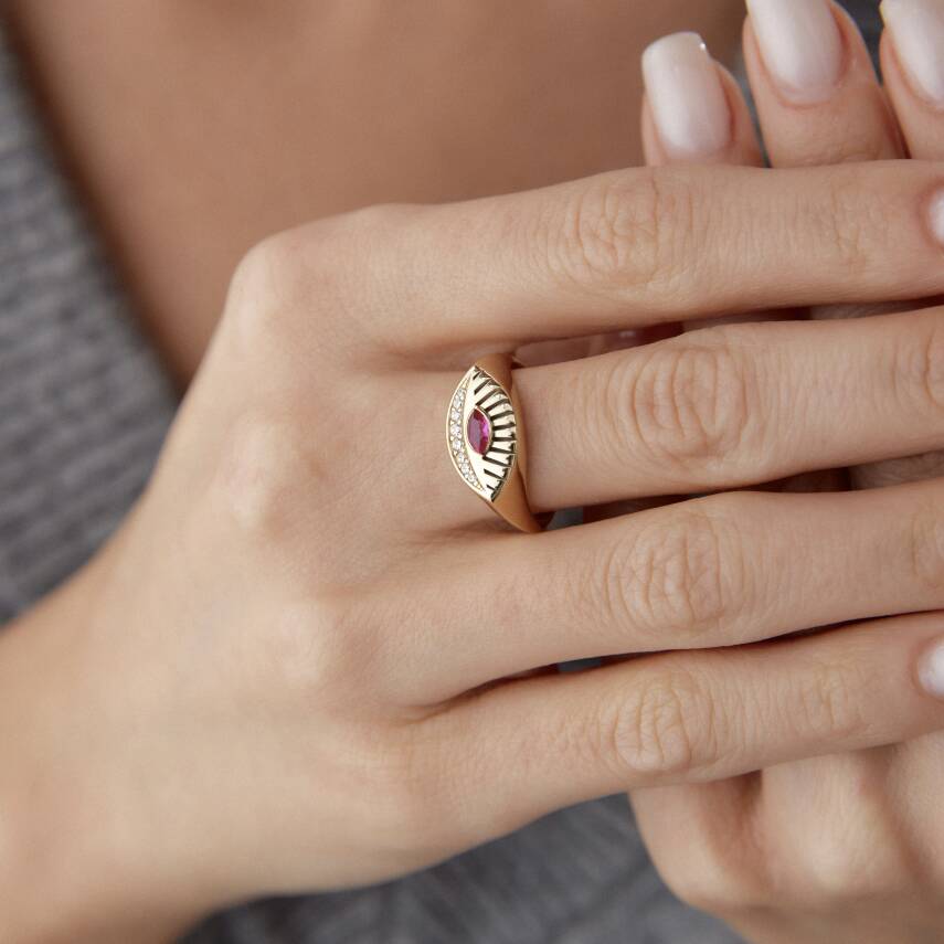 Altın Pembe Taşlı Göz Yüzük - 3