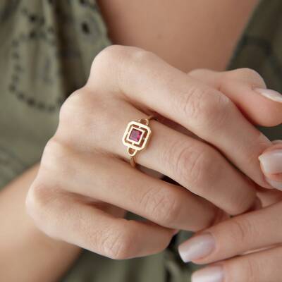 Altın Pembe Taşlı Kare Yüzük - 2