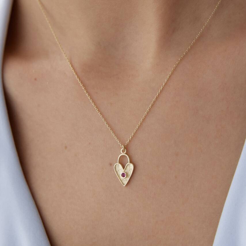 Altın Pembe Taşlı Luna Kalp Kolye - 3