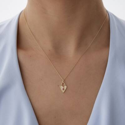 Altın Pembe Taşlı Luna Kalp Kolye - 2