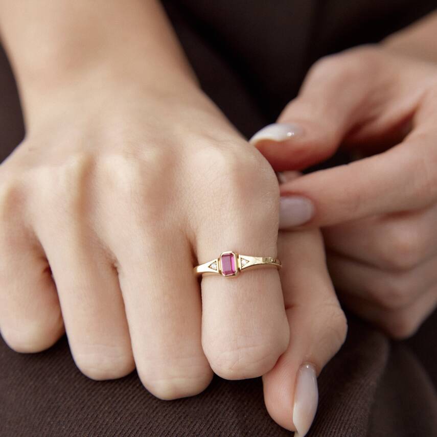 Altın Pembe Taşlı Mini Baget Yüzük - 2