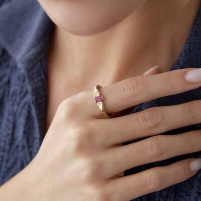 Altın Pembe Taşlı Mini Baget Yüzük - 3