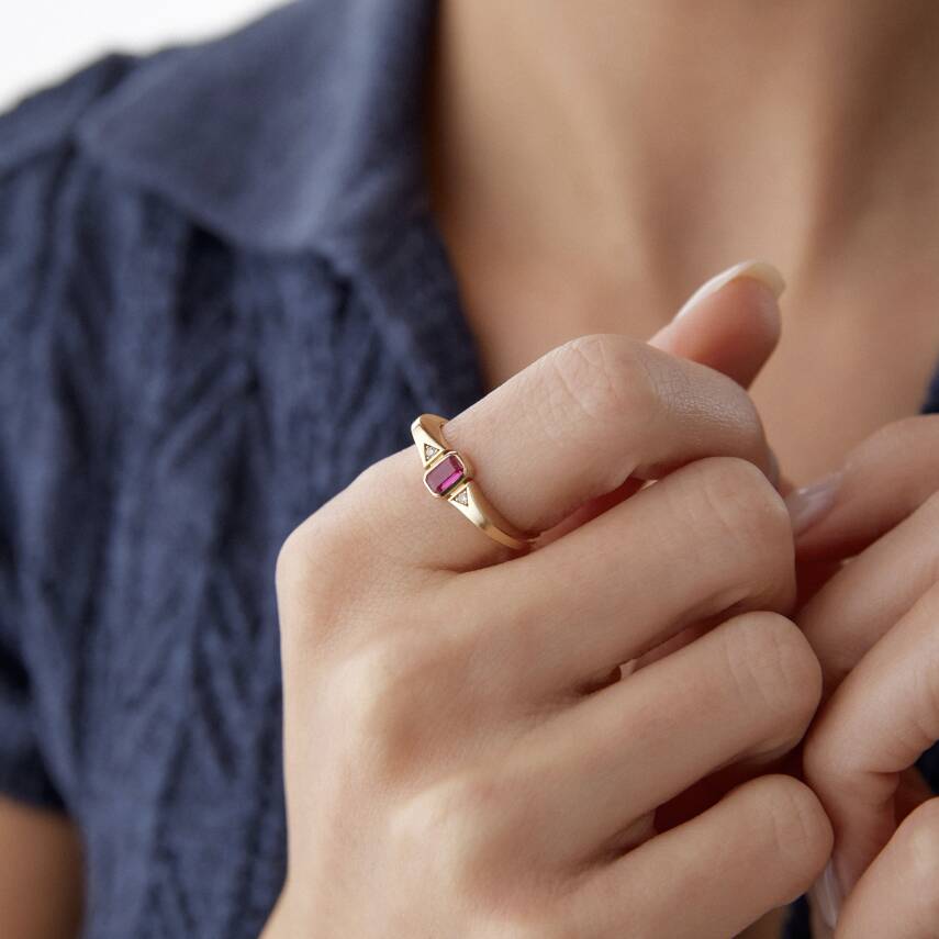 Altın Pembe Taşlı Mini Baget Yüzük - 1