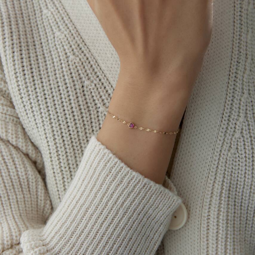 Altın Pembe Taşlı Minimal Kalp Bileklik - 1