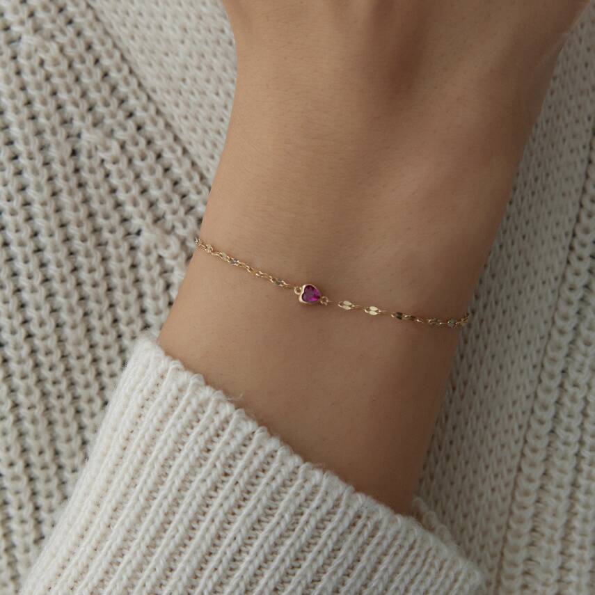 Altın Pembe Taşlı Minimal Kalp Bileklik - 3