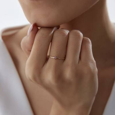 Altın Pembe Taşlı Minimal Yonca Yüzük - 2