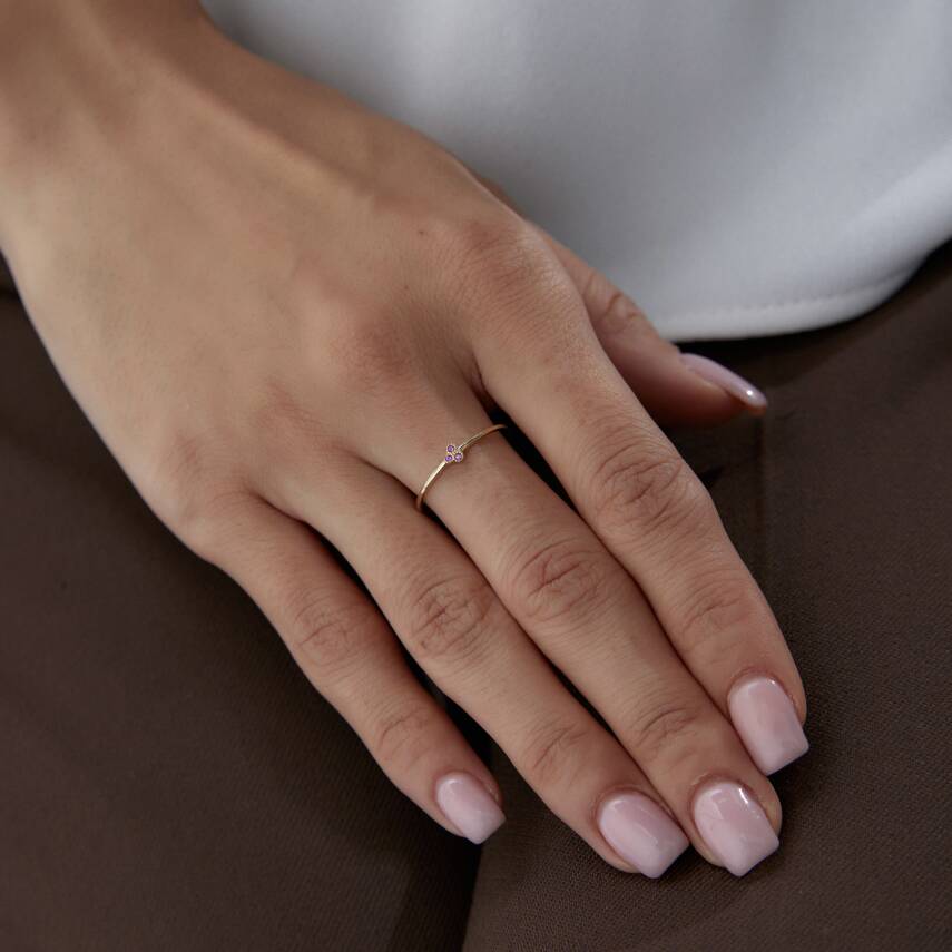 Altın Pembe Taşlı Minimal Yonca Yüzük - 3