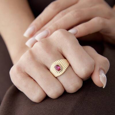 Altın Pembe Taşlı Ring Yüzük 