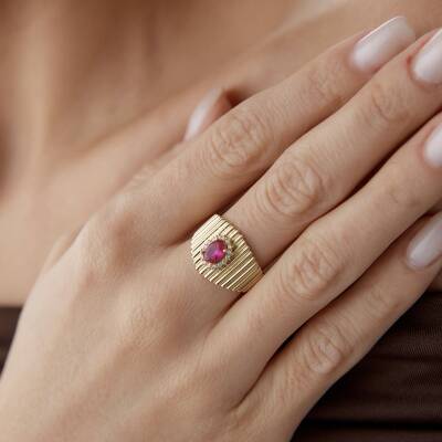 Altın Pembe Taşlı Ring Yüzük - 2