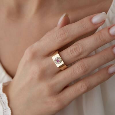 Altın Pembe Taşlı Şövalye Yüzük - 2