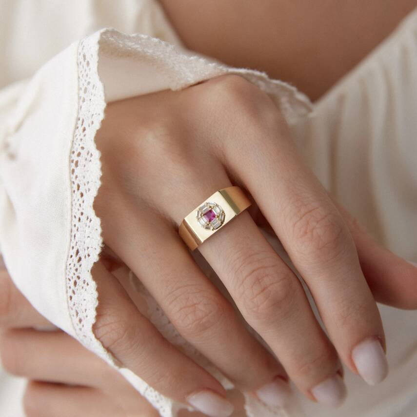 Altın Pembe Taşlı Şövalye Yüzük - 3
