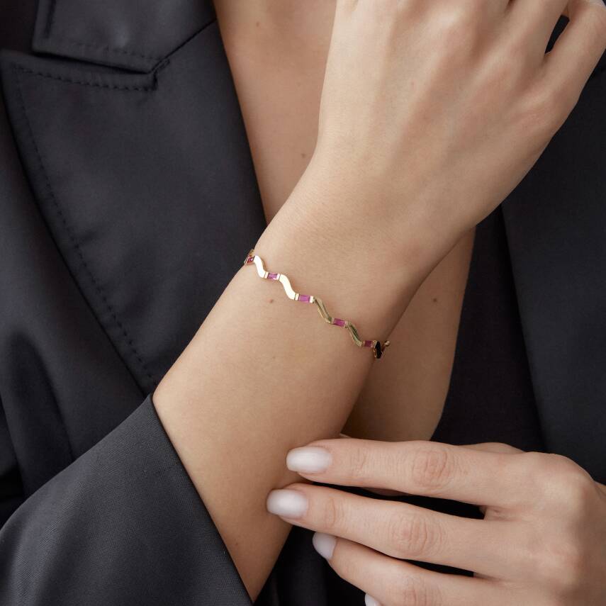 Altın Pembe Taşlı Zikzak Bileklik - Semih Haşhaş Kuyumculuk
