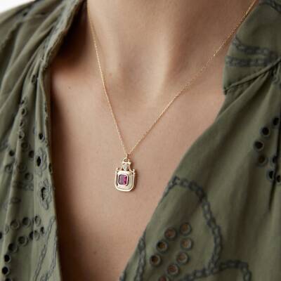 Altın Pembe Taşlı Taç Kolye - 2