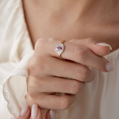 Altın Pembe Taşlı Vintage Yüzük - 2
