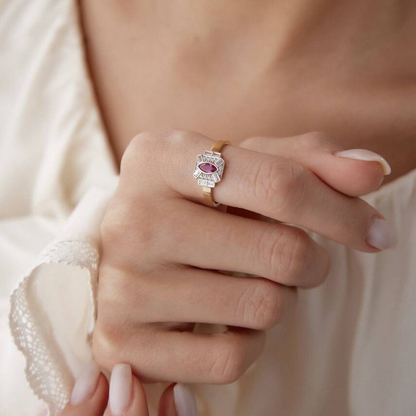 Altın Pembe Taşlı Vintage Yüzük - 2