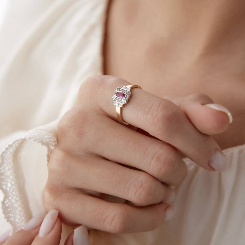 Altın Pembe Taşlı Vintage Yüzük - 3