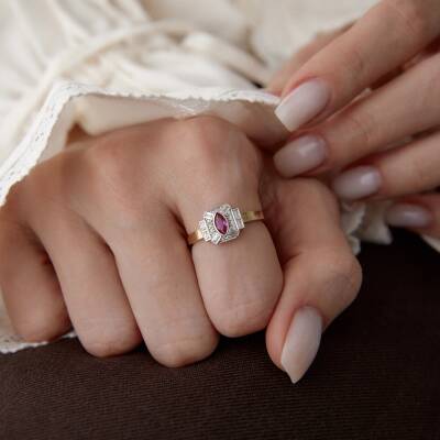 Altın Pembe Taşlı Vintage Yüzük - 4