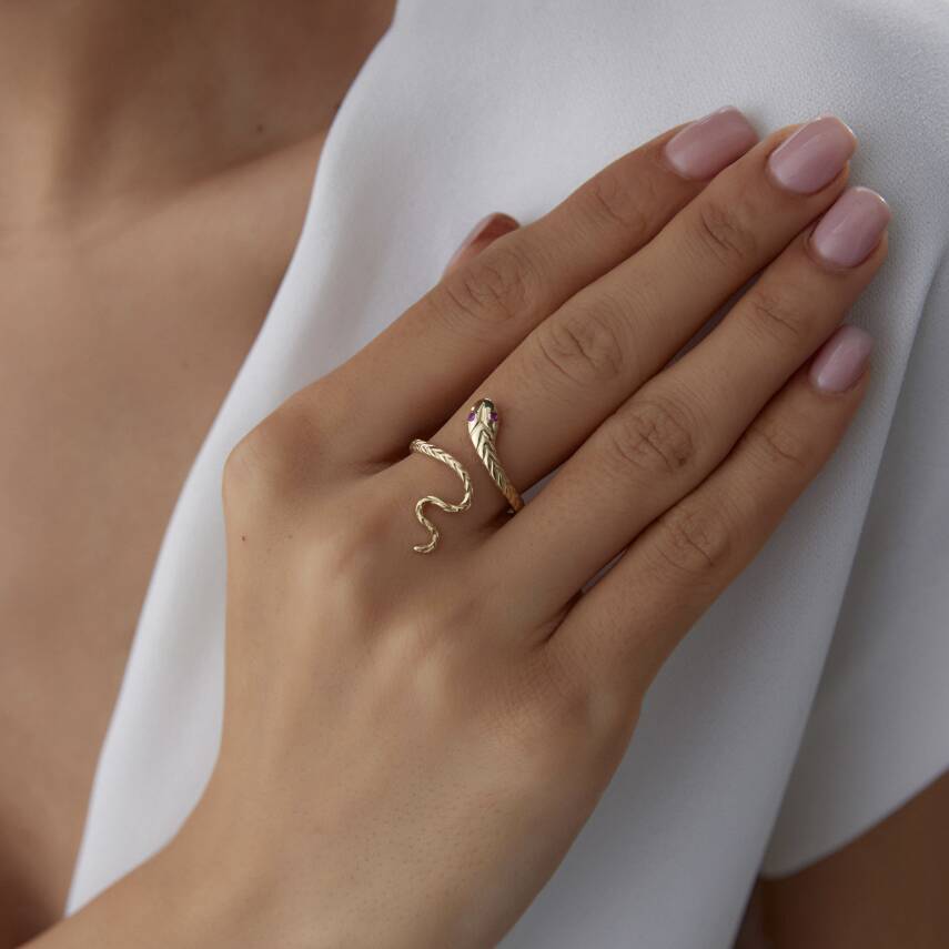 Altın Pembe Taşlı Yılan Yüzük - 1