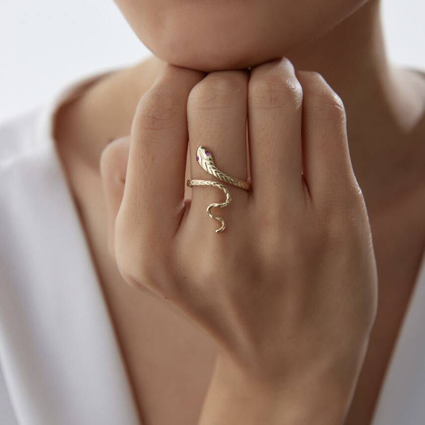 Altın Pembe Taşlı Yılan Yüzük - 2