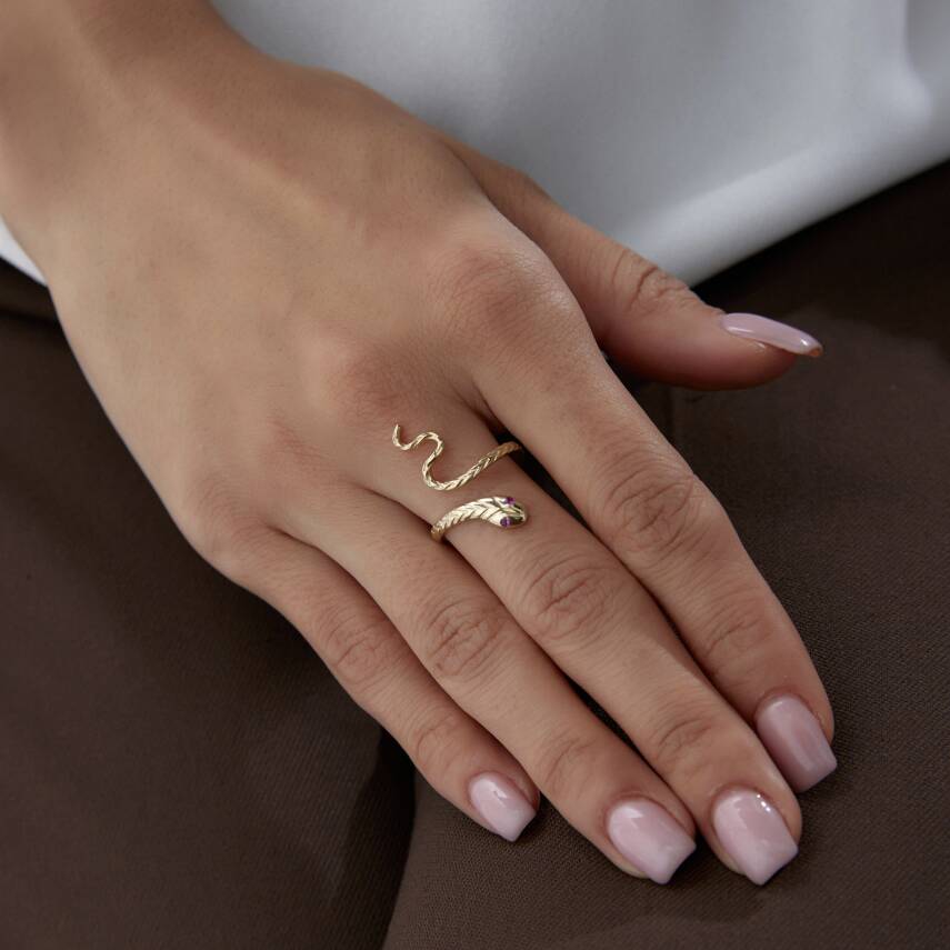 Altın Pembe Taşlı Yılan Yüzük - 3