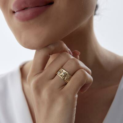 Altın Renkli Taşlı Vintage Yüzük - 1